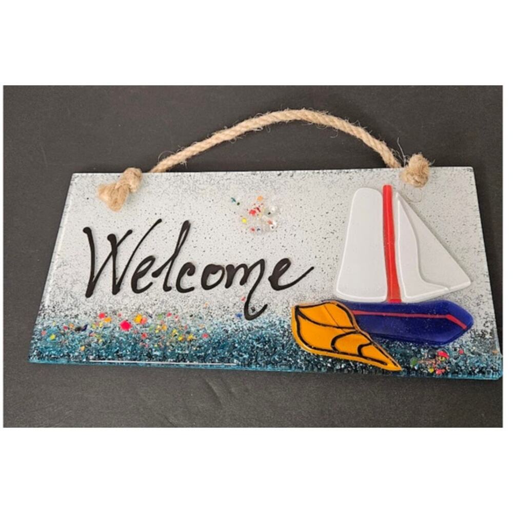 SALE VTG WELCOME Glass Hand painted Sign 9"x5" rope hanger Maritime Living